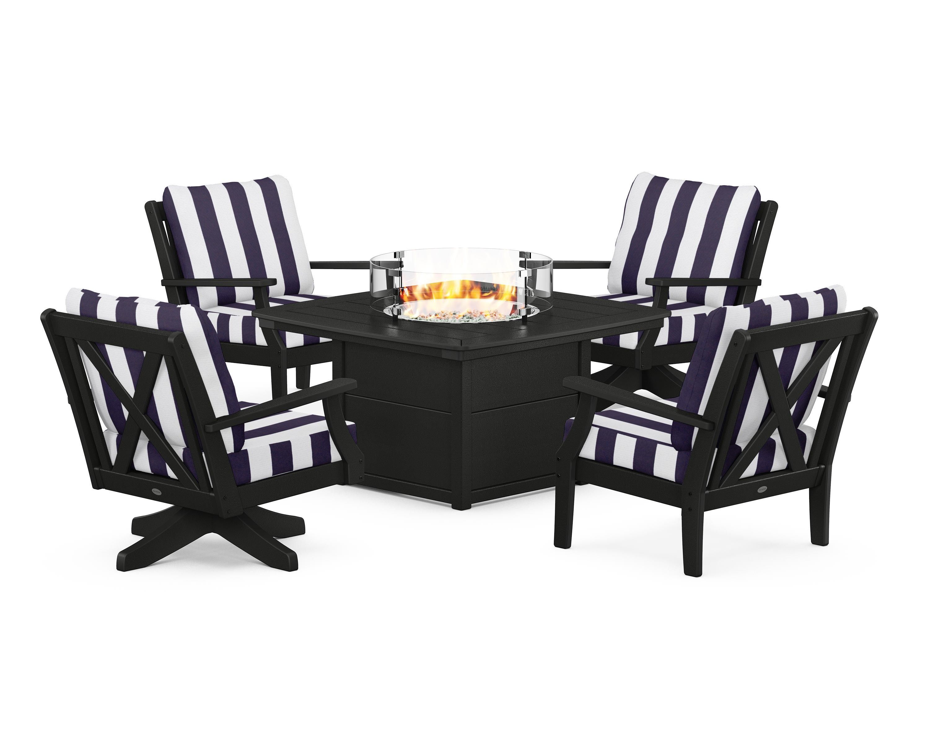 POLYWOOD® Braxton 5-Piece Deep Seating Set with Fire Table in Black / Cabana Stripe Navy