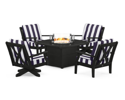 POLYWOOD® Braxton 5-Piece Deep Seating Set with Fire Table in Black / Cabana Stripe Navy