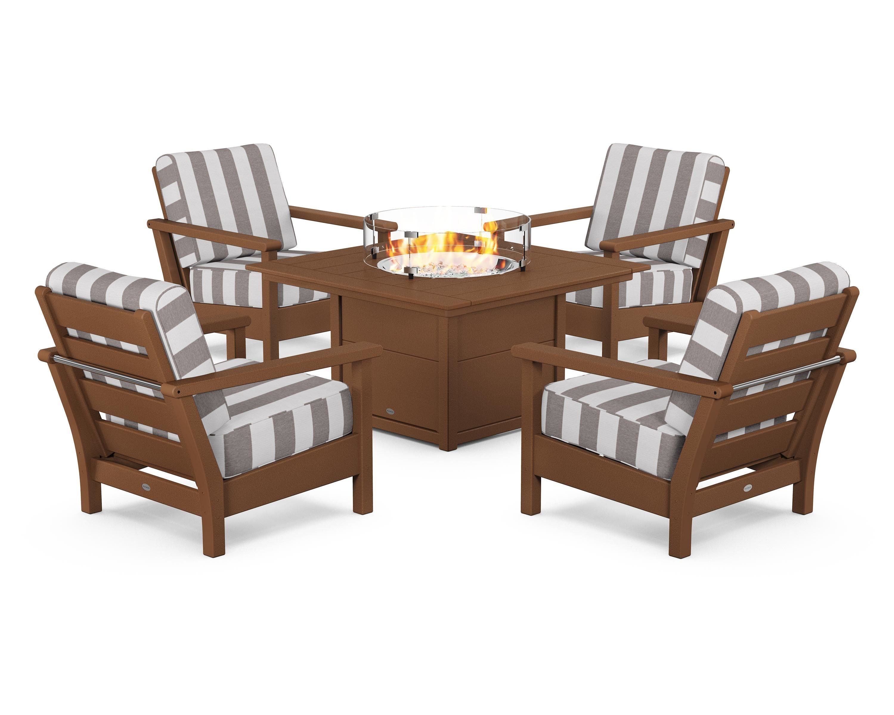 POLYWOOD® Harbour 5-Piece Conversation Set with Fire Pit Table in Teak / Cabana Stripe Grey Mist