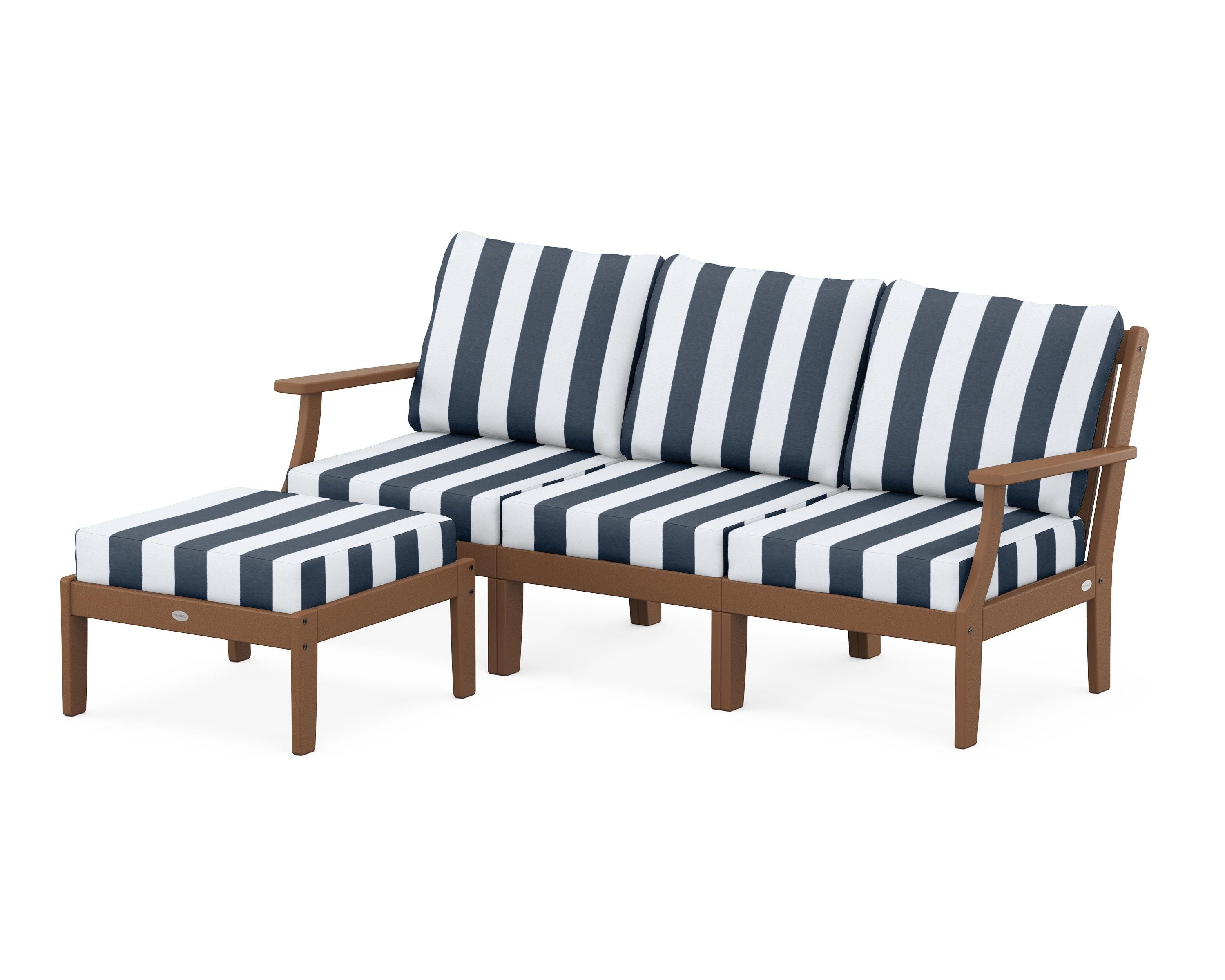 POLYWOOD® Braxton Modular 4-Piece Deep Seating Set with Ottoman in Teak / Cabana Stripe Marine Indigo