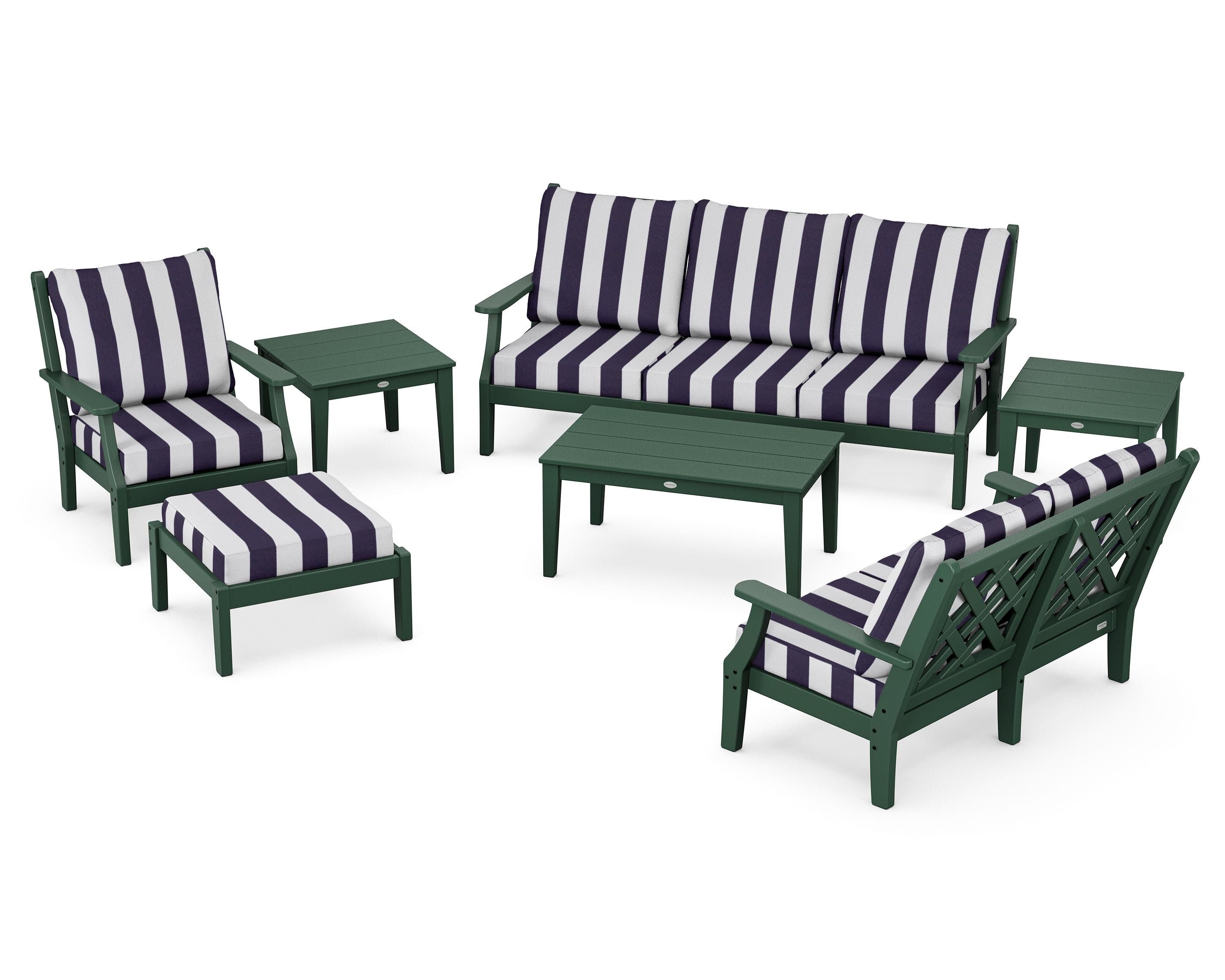 Country Living Wovendale 7-Piece Deep Seating Set in Green / Cabana Stripe Navy