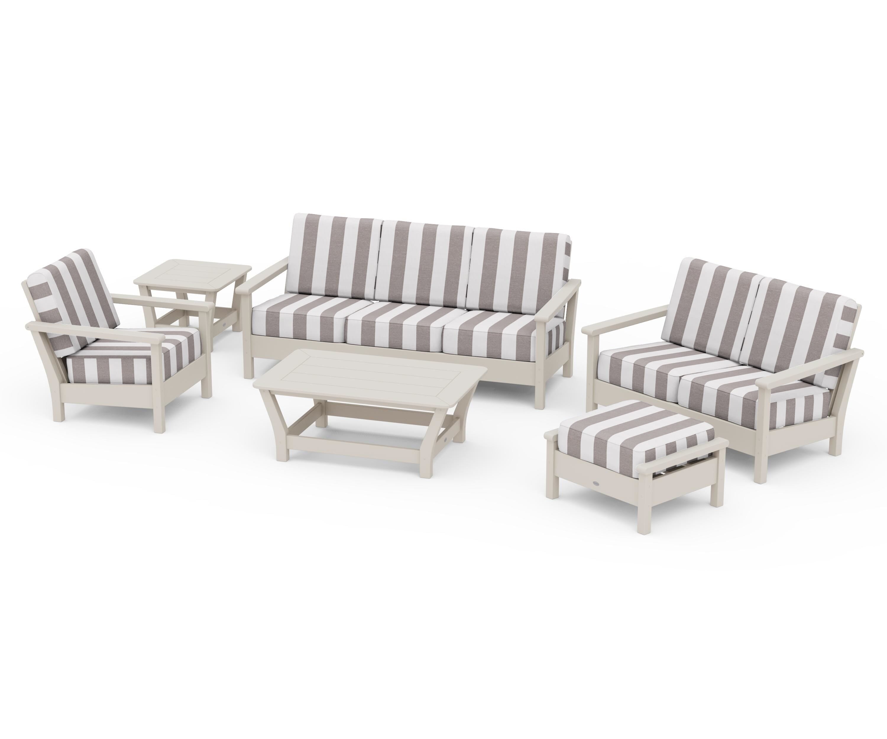 POLYWOOD® Harbour 6-Piece Outdoor Living Set in Sand / Cabana Stripe Grey Mist
