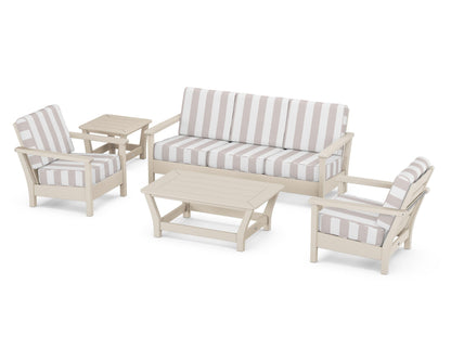 POLYWOOD® Harbour 5-Piece Deep Seating Set in Sand / Cabana Stripe Dune Burlap