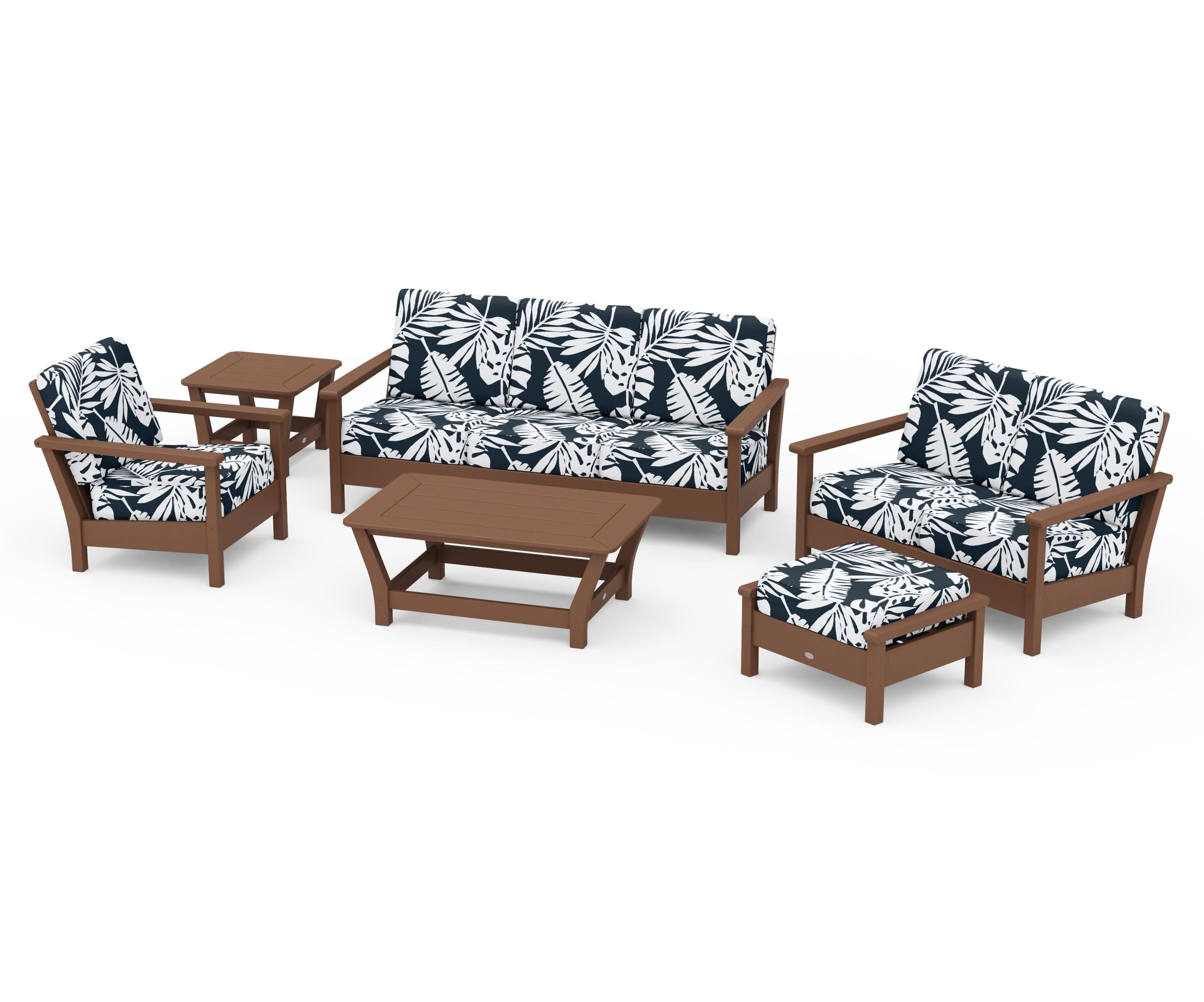 POLYWOOD® Harbour 6-Piece Outdoor Living Set in Teak / Leaf Marine Indigo