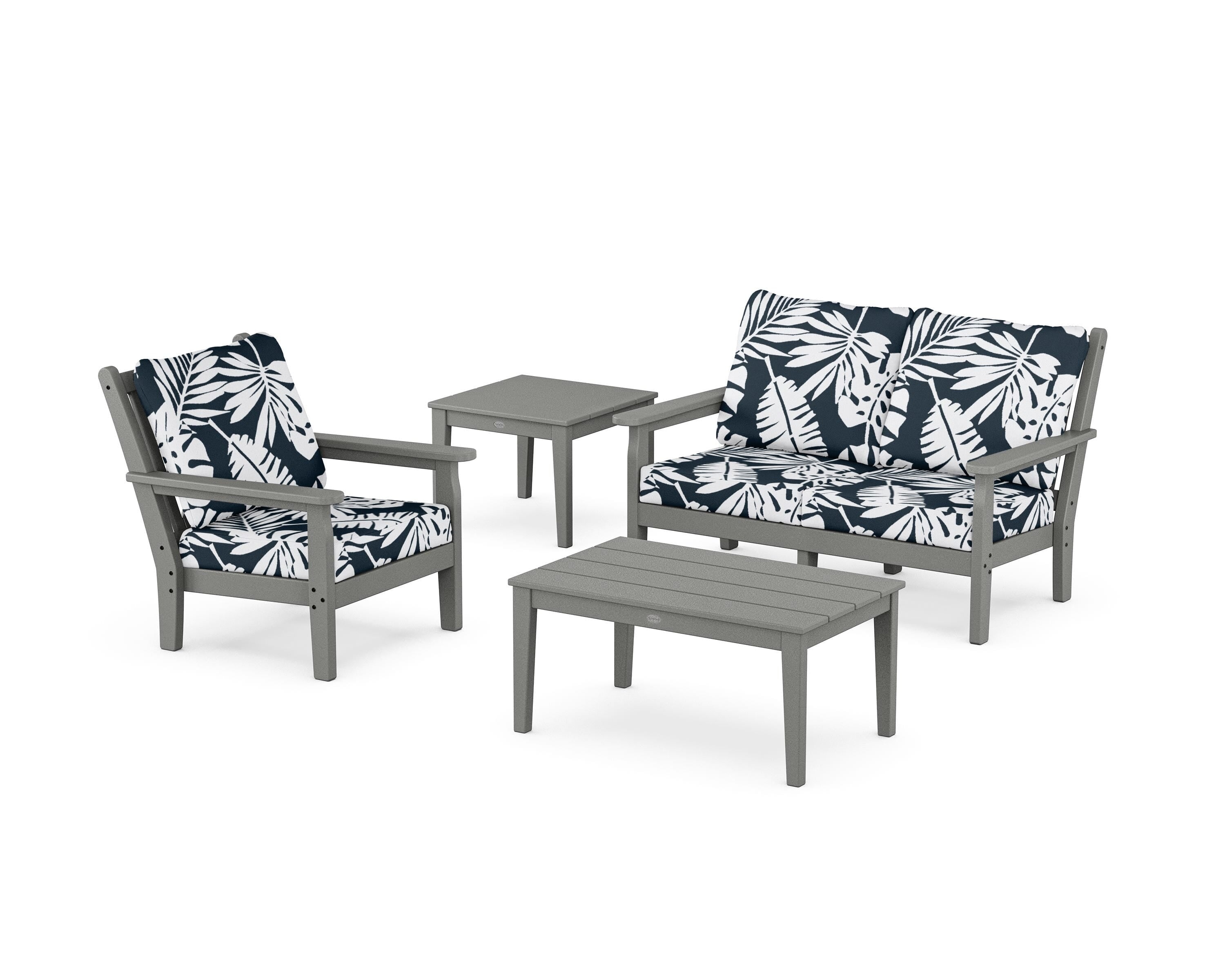 POLYWOOD® Chippendale 4-Piece Deep Seating Set in Slate Grey / Leaf Marine Indigo