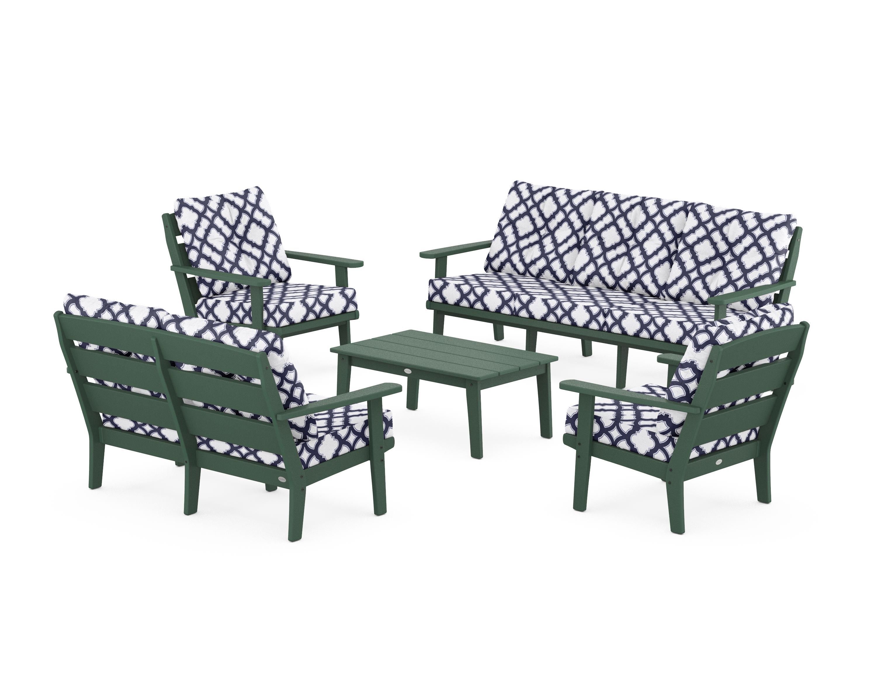 POLYWOOD® Lakeside 5-Piece Lounge Sofa Set in Green / Trellis Navy