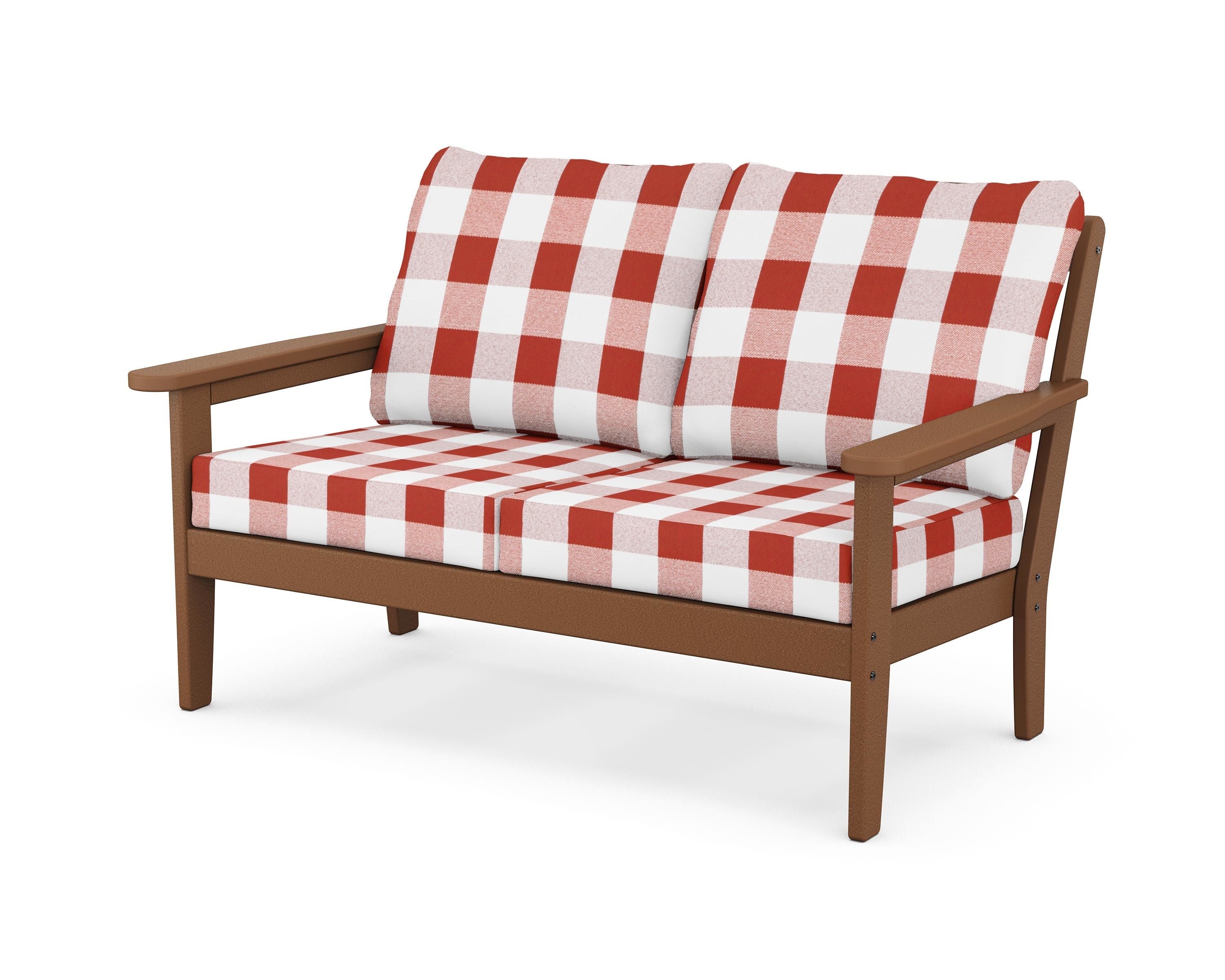 Country Living Cottage Deep Seating Loveseat in Teak / Buffalo Plaid Crimson