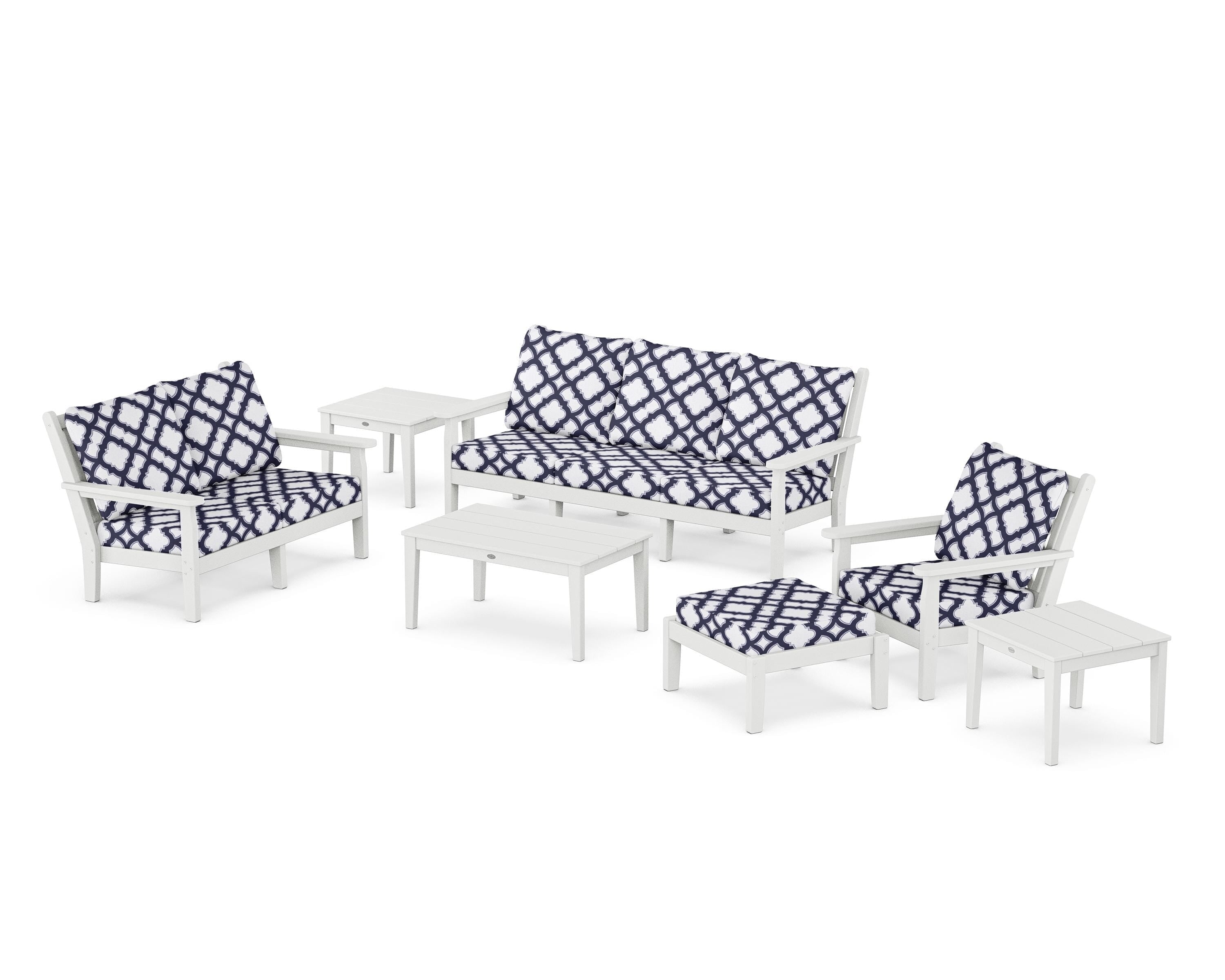 POLYWOOD® Chippendale 7-Piece Deep Seating Set in White / Trellis Navy