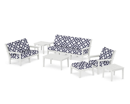 POLYWOOD® Chippendale 7-Piece Deep Seating Set in White / Trellis Navy