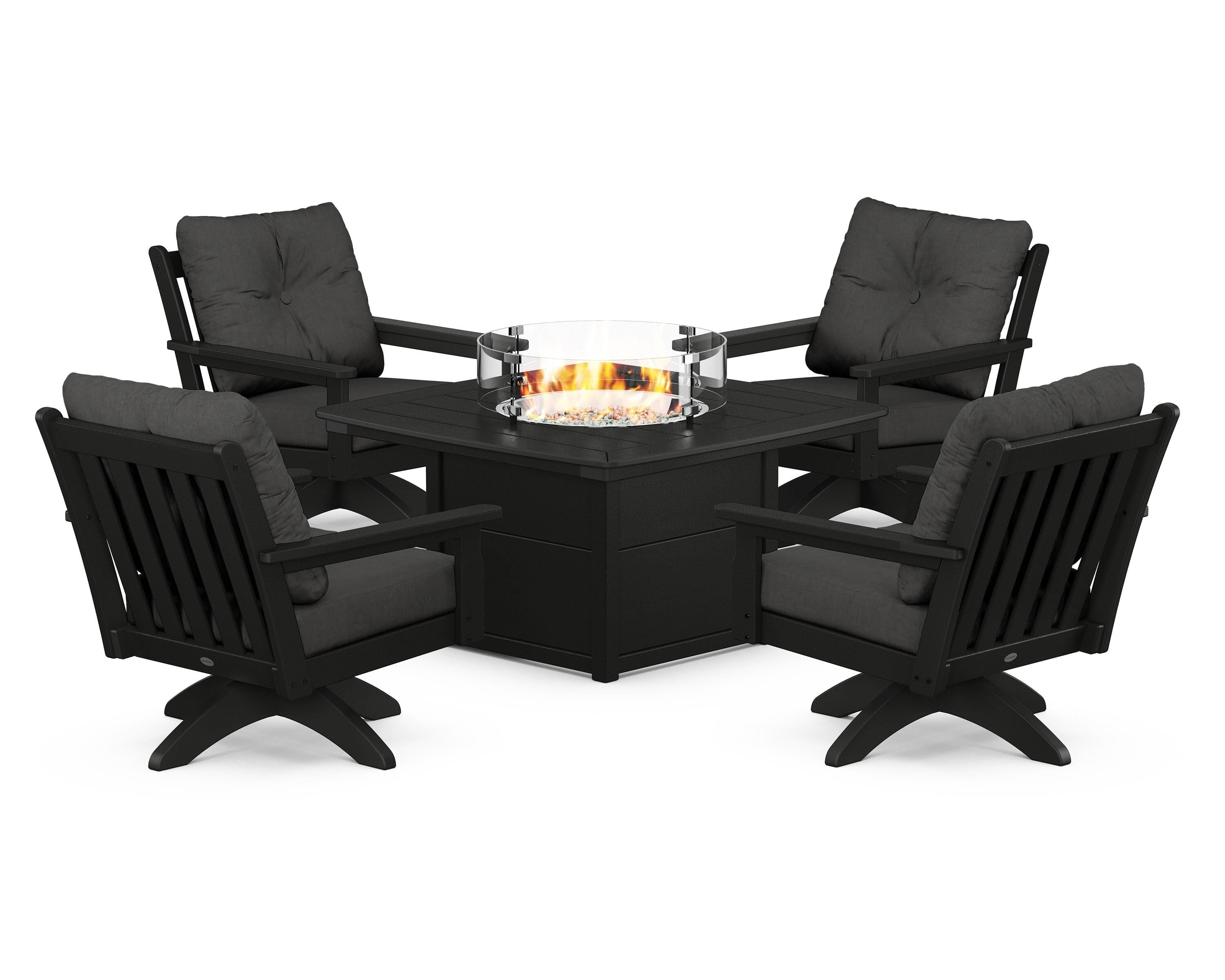 POLYWOOD® Vineyard 5-Piece Deep Seating Swivel Conversation Set with Fire Pit Table in Black / Spectrum Carbon