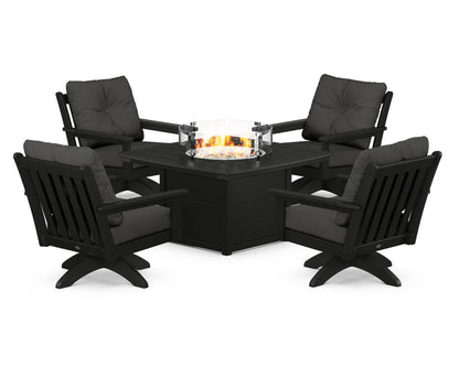 POLYWOOD® Vineyard 5-Piece Deep Seating Swivel Conversation Set with Fire Pit Table in Black / Spectrum Carbon