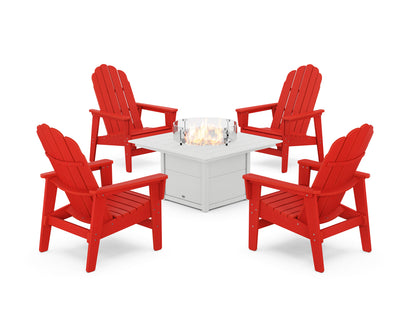 POLYWOOD® 5-Piece Vineyard Grand Upright Adirondack Conversation Set with Fire Pit Table in Sunset Red / White