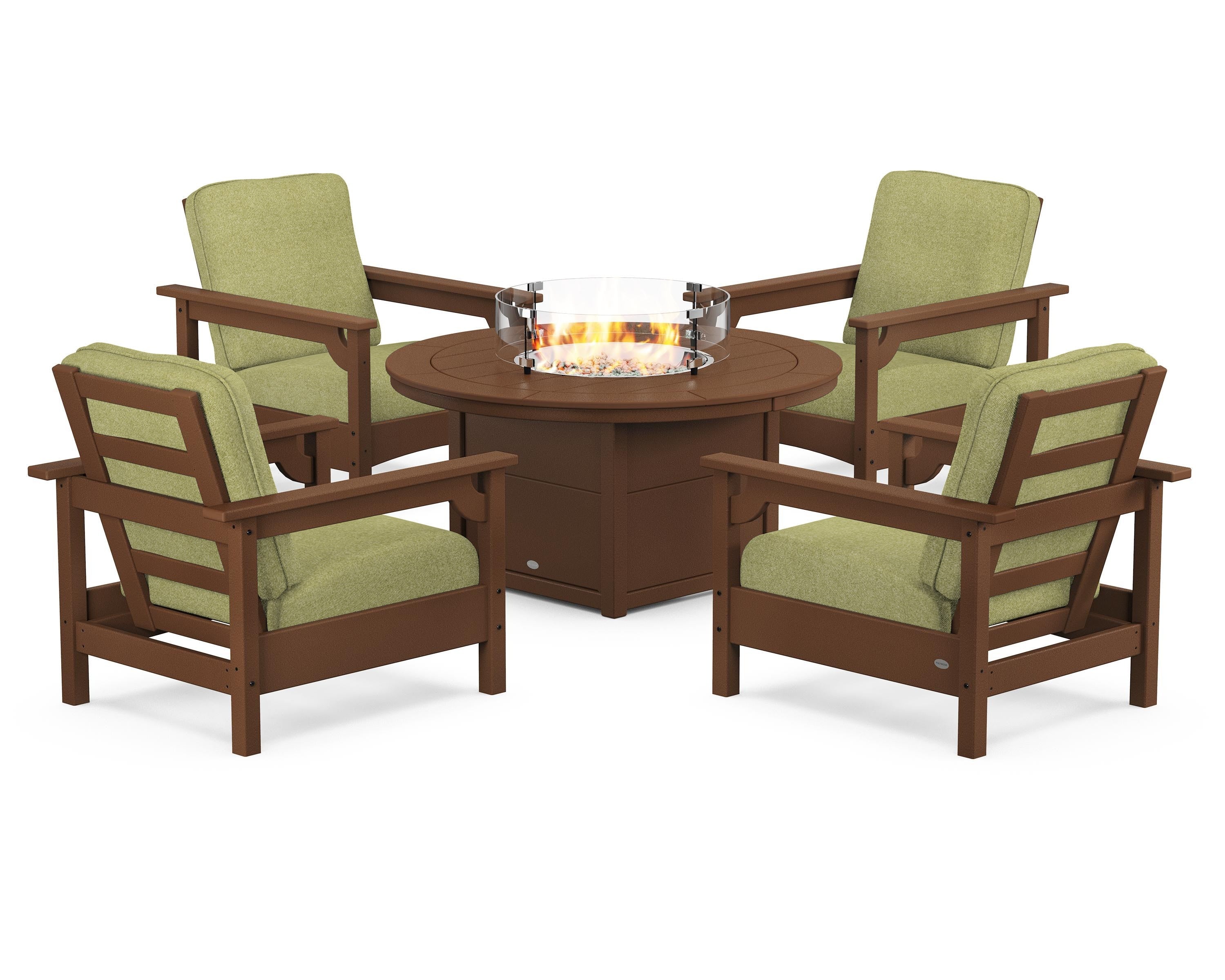 POLYWOOD® Club 5-Piece Conversation Set with Fire Pit Table in Teak / Chartreuse Boucle