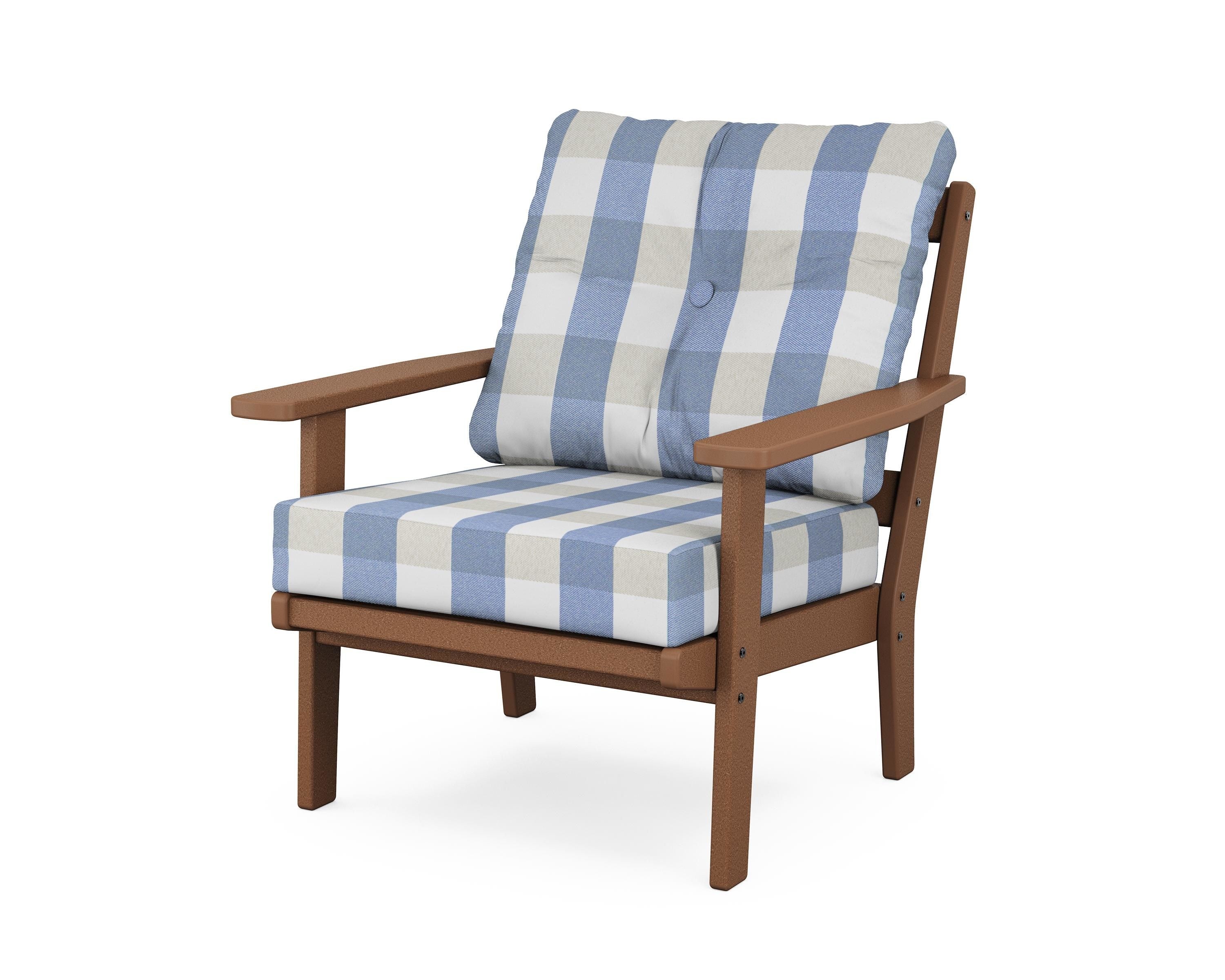 POLYWOOD® Oxford Deep Seating Chair in Teak / Buffalo Plaid Sky Blue