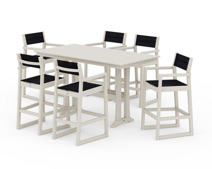 POLYWOOD® EDGE Sling Arm Chair 7-Piece Farmhouse Bar Set with Trestle Legs in Sand / Black Sling