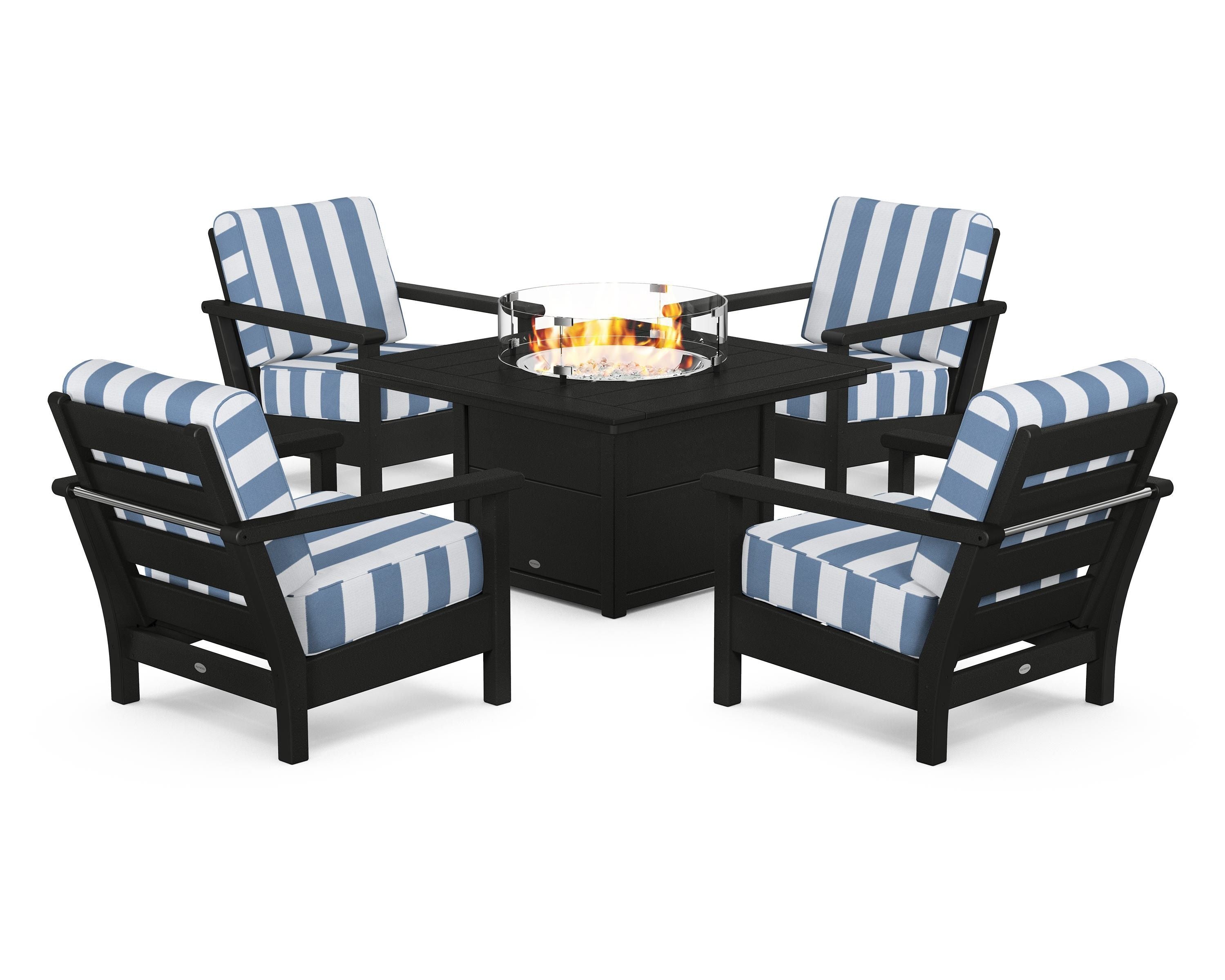 POLYWOOD® Harbour 5-Piece Conversation Set with Fire Pit Table in Black / Cabana Stripe Sky Blue