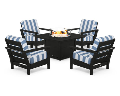 POLYWOOD® Harbour 5-Piece Conversation Set with Fire Pit Table in Black / Cabana Stripe Sky Blue