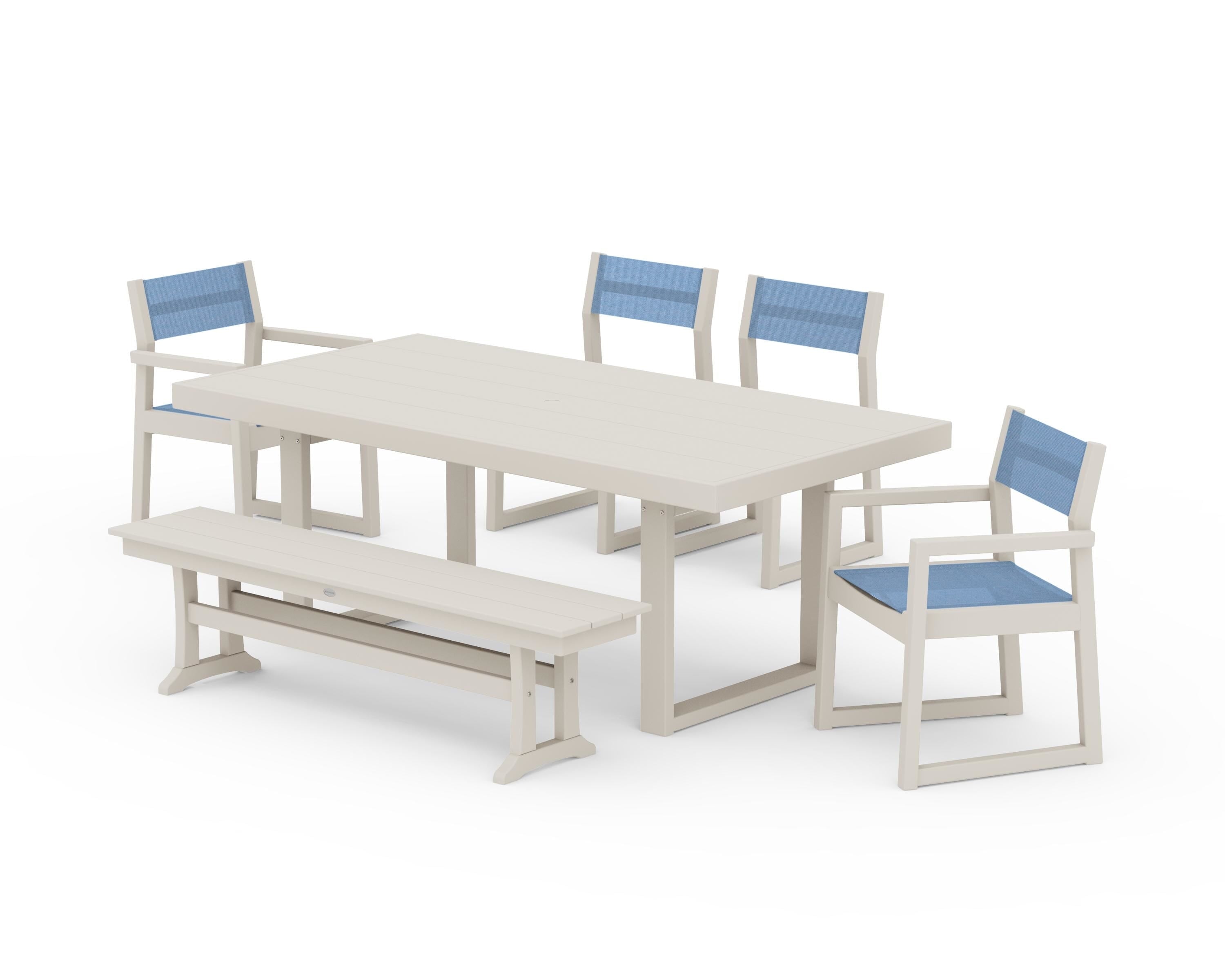 POLYWOOD® EDGE Sling 6-Piece Dining Set with Bench in Sand / Poolside Sling