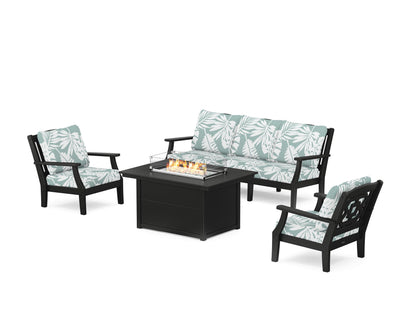 Martha Stewart by POLYWOOD® Chinoiserie Deep Seating Fire Pit Table Set in Black / Leaf Glacier Spa