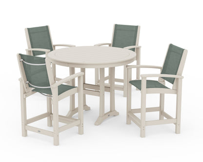 POLYWOOD® Coastal 5-Piece Counter Set in Sand / Dupioni Sea Mist Sling