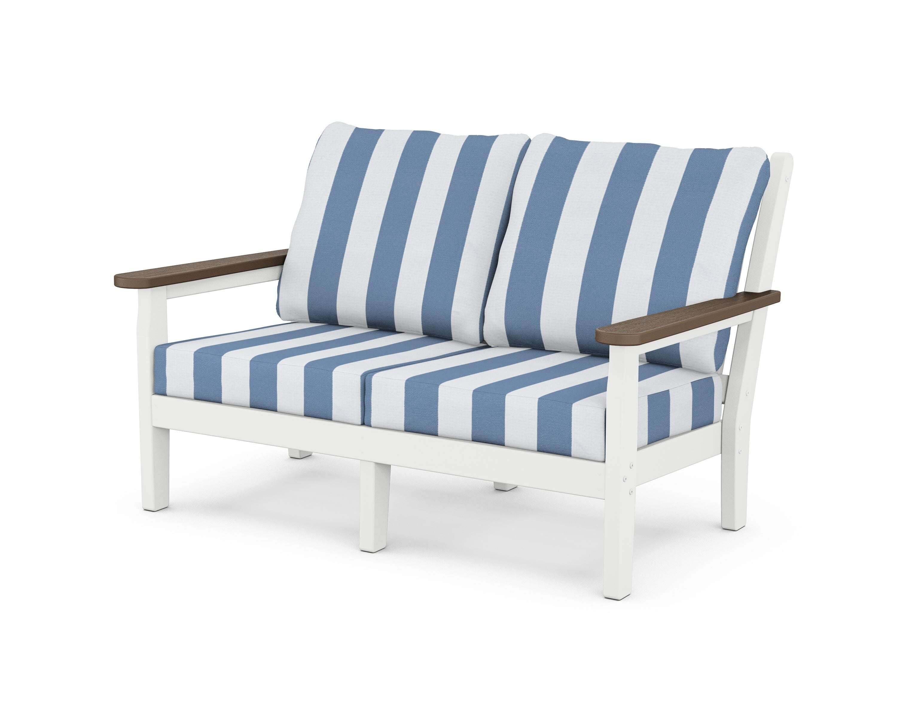POLYWOOD® Chippendale Deep Seating Loveseat in White / Kona / Cabana Stripe Sky Blue