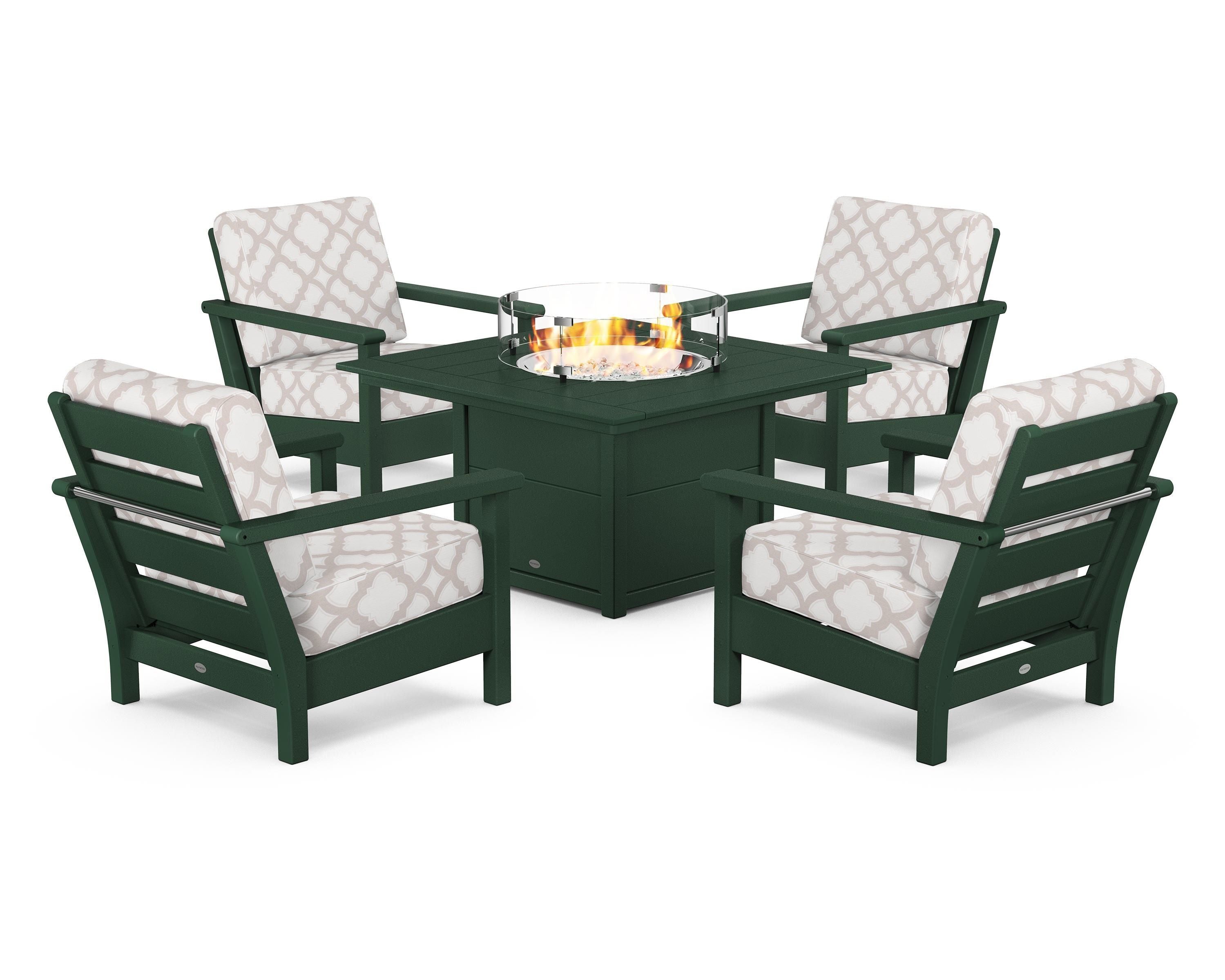 POLYWOOD® Harbour 5-Piece Conversation Set with Fire Pit Table in Green / Trellis Dune Burlap