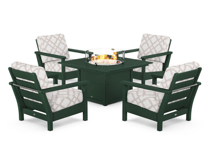 POLYWOOD® Harbour 5-Piece Conversation Set with Fire Pit Table in Green / Trellis Dune Burlap