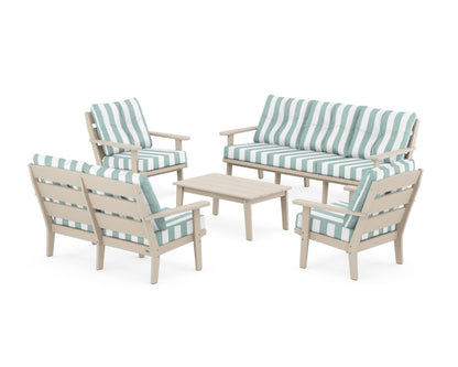 POLYWOOD® Lakeside 5-Piece Lounge Sofa Set in Sand / Cabana Stripe Glacier Spa