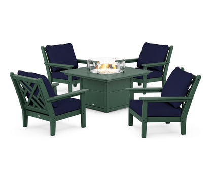 POLYWOOD® Chippendale 5-Piece Deep Seating Set with Fire Pit Table in Green / Navy