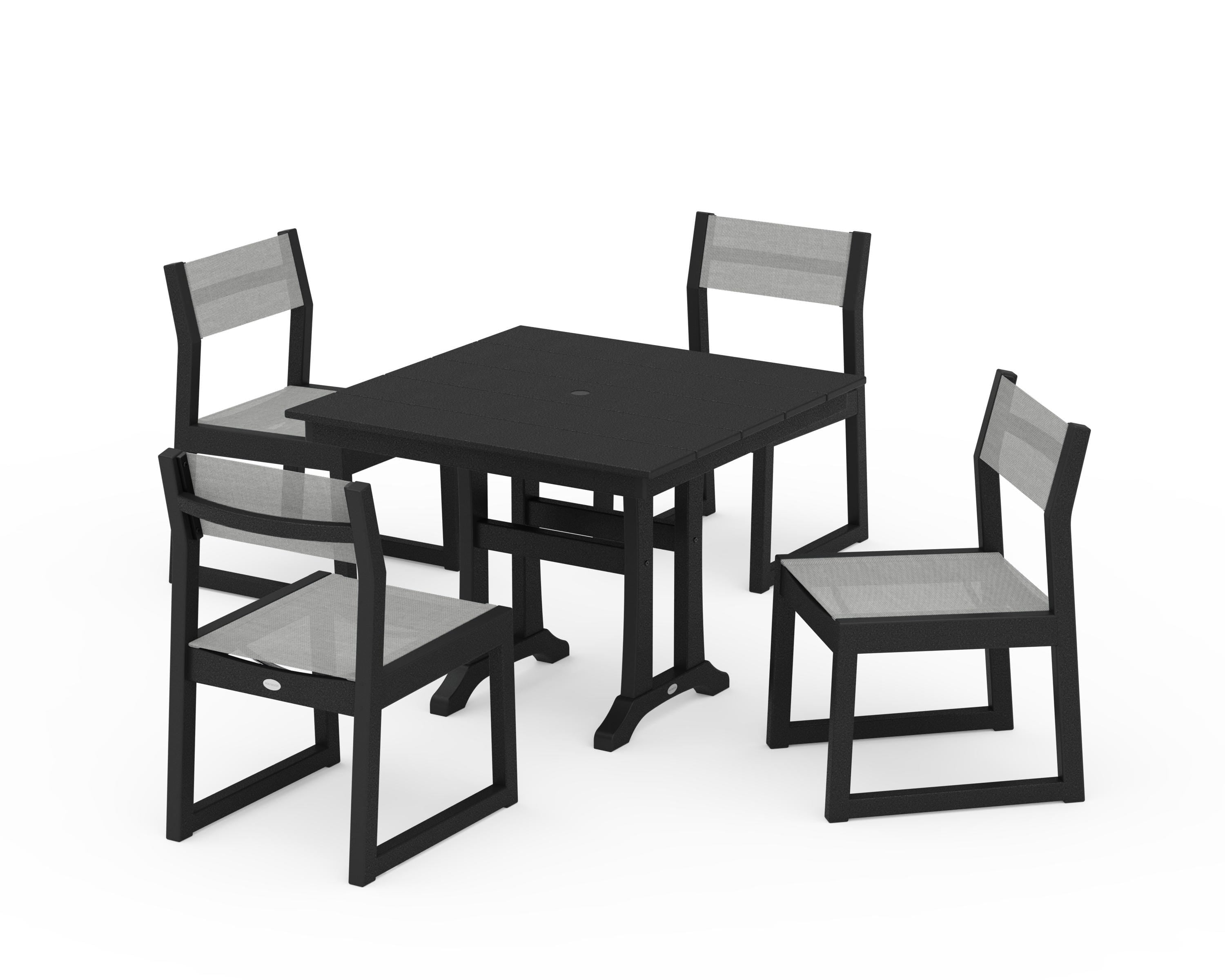 POLYWOOD® EDGE Sling 5-Piece Farmhouse Trestle Side Chair Dining Set in Black / Metallic Sling