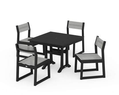 POLYWOOD® EDGE Sling 5-Piece Farmhouse Trestle Side Chair Dining Set in Black / Metallic Sling