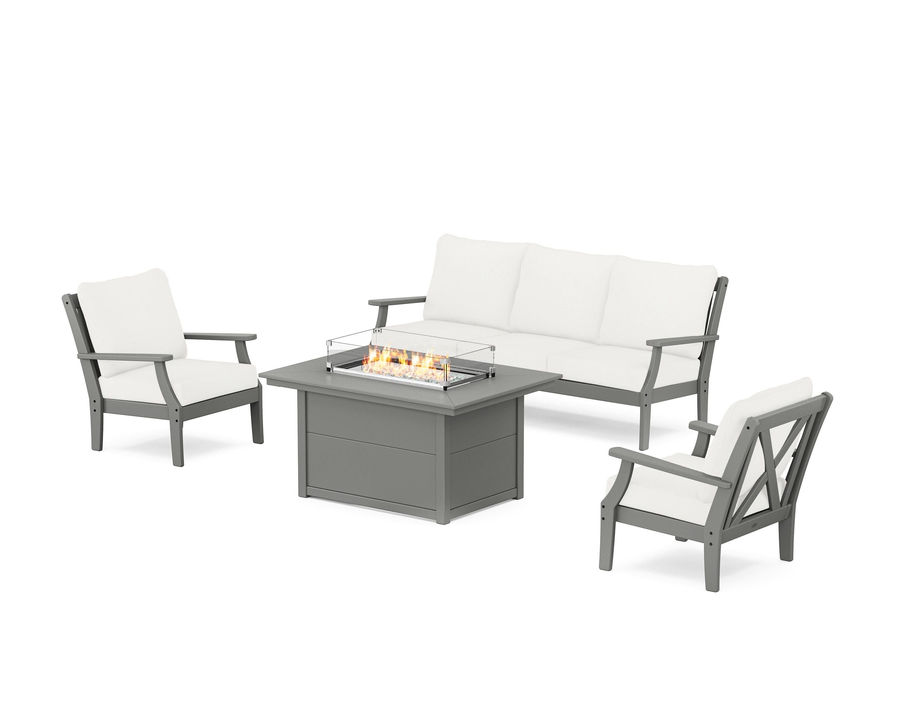 POLYWOOD® Braxton Deep Seating Fire Pit Table Set in Slate Grey / Natural Linen