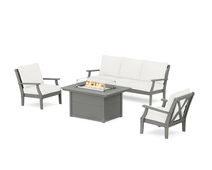 POLYWOOD® Braxton Deep Seating Fire Pit Table Set in Slate Grey / Natural Linen