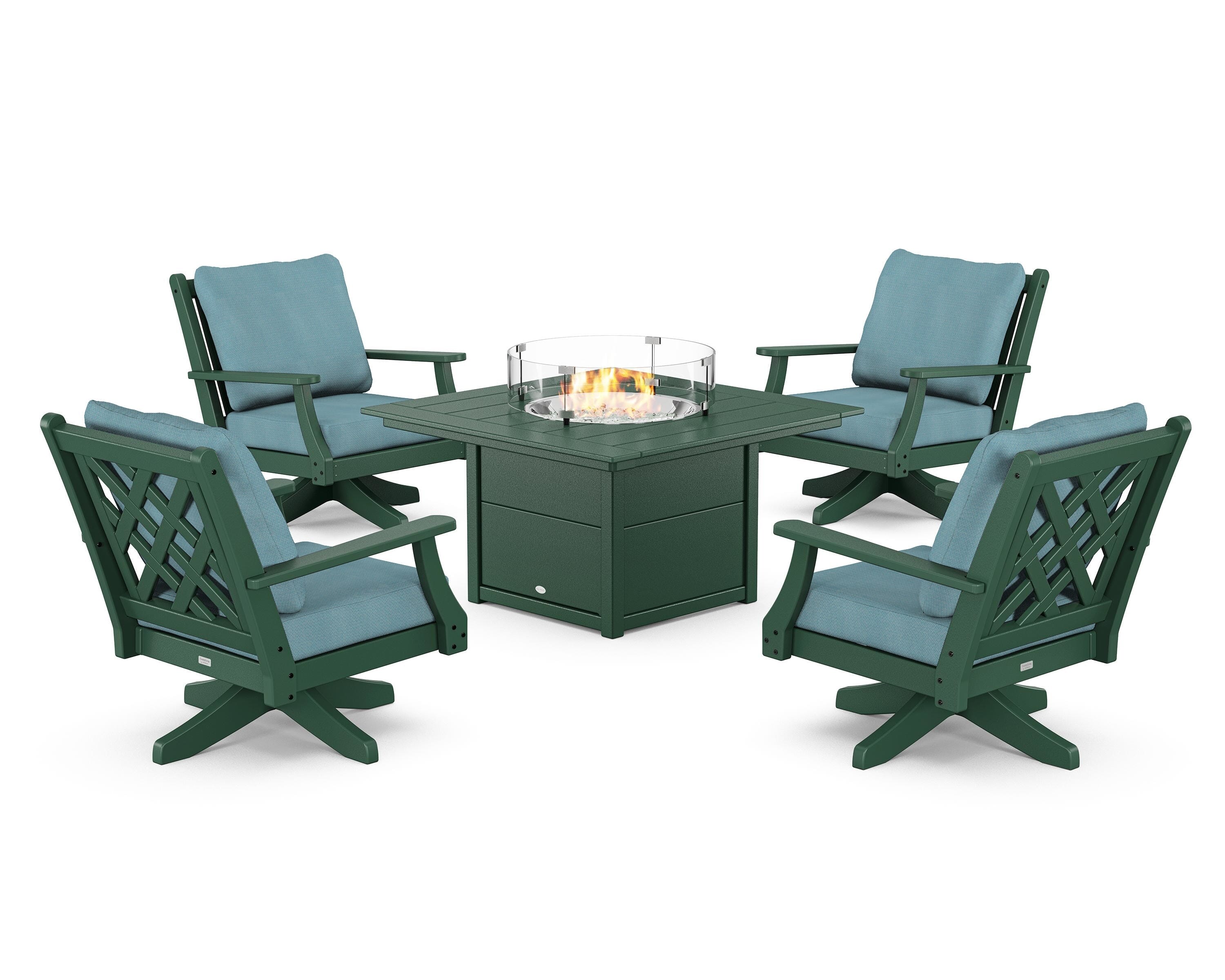 Country Living Wovendale 5-Piece Deep Seating Swivel Conversation Set with Fire Pit Table in Green / Lattice Sky Blue