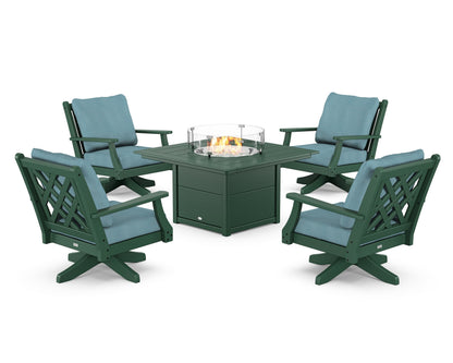 Country Living Wovendale 5-Piece Deep Seating Swivel Conversation Set with Fire Pit Table in Green / Lattice Sky Blue
