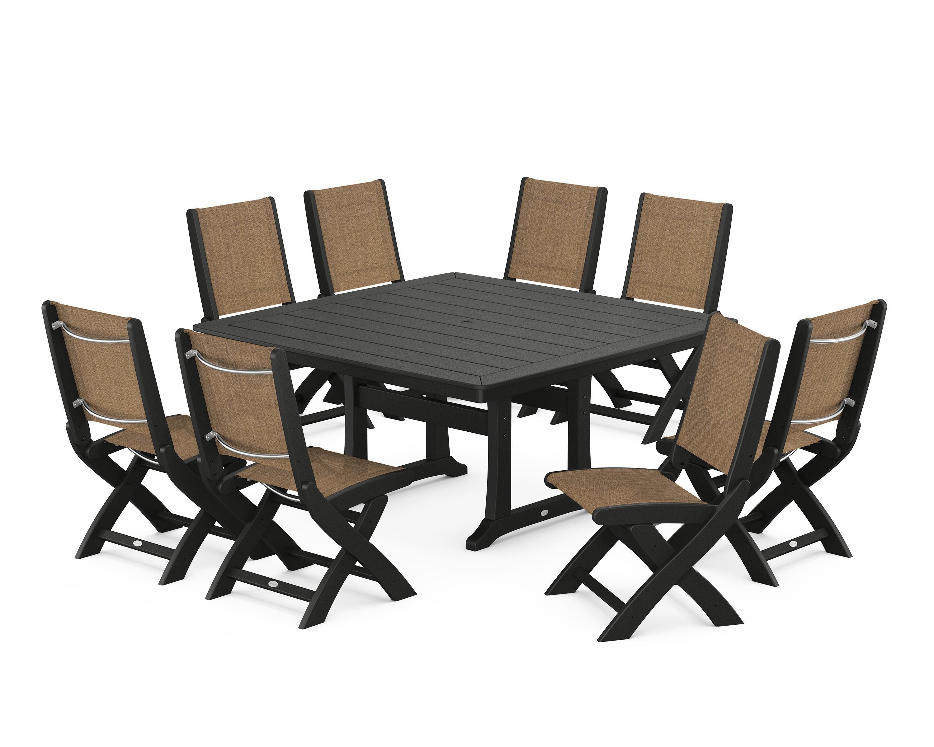 POLYWOOD® Coastal Folding Side Chair 9-Piece Dining Set with Trestle Legs in Black / Burlap Sling