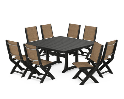 POLYWOOD® Coastal Folding Side Chair 9-Piece Dining Set with Trestle Legs in Black / Burlap Sling