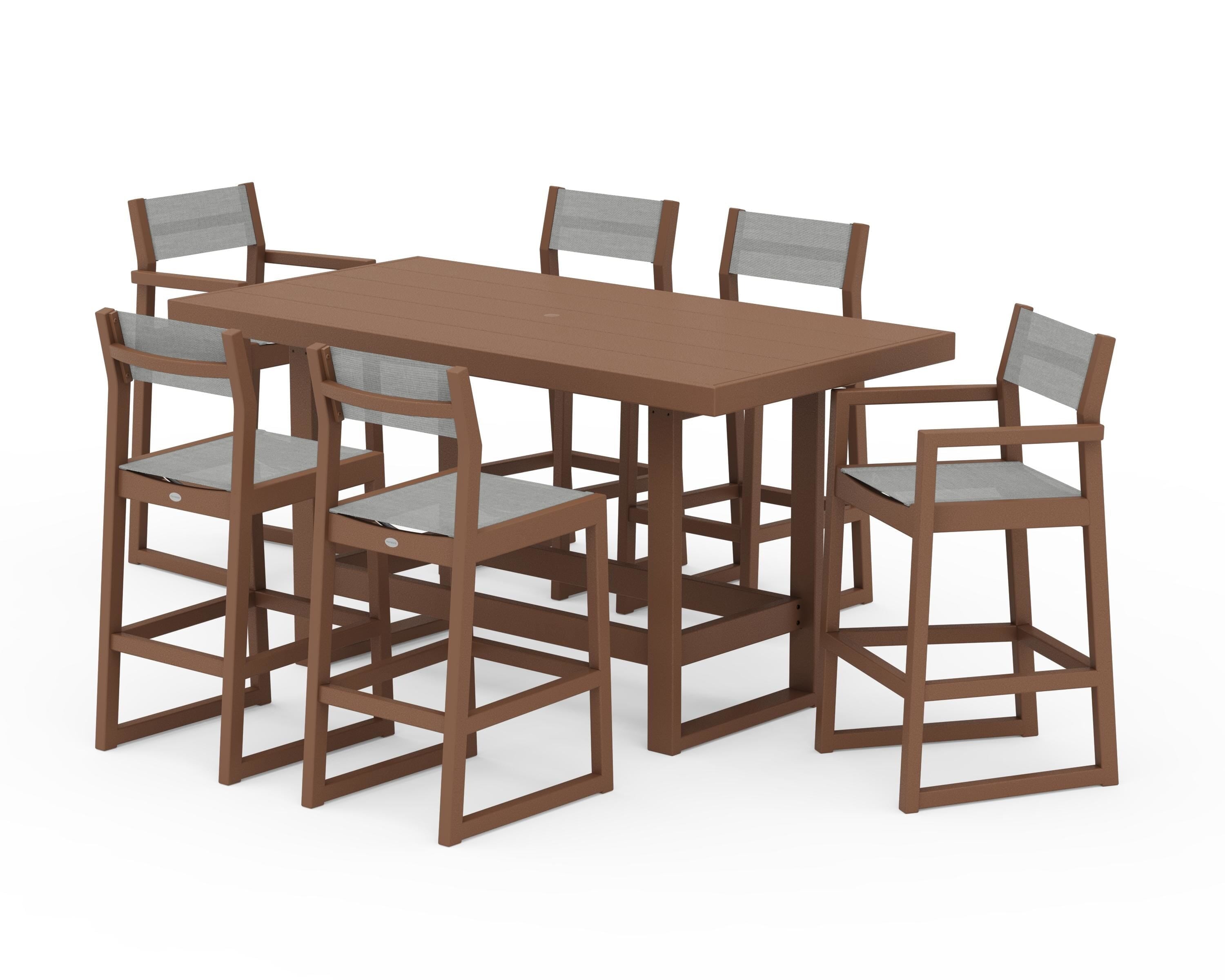POLYWOOD® EDGE Sling 7-Piece Bar Table Set in Teak / Metallic Sling