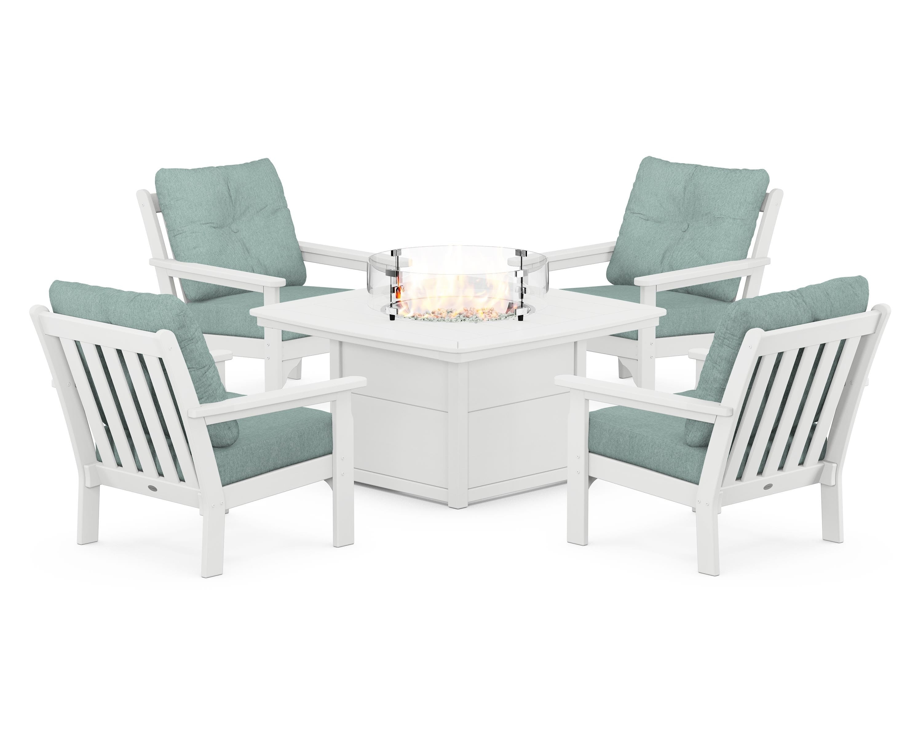 POLYWOOD® Vineyard 5-Piece Conversation Set with Fire Pit Table in White / Glacier Spa