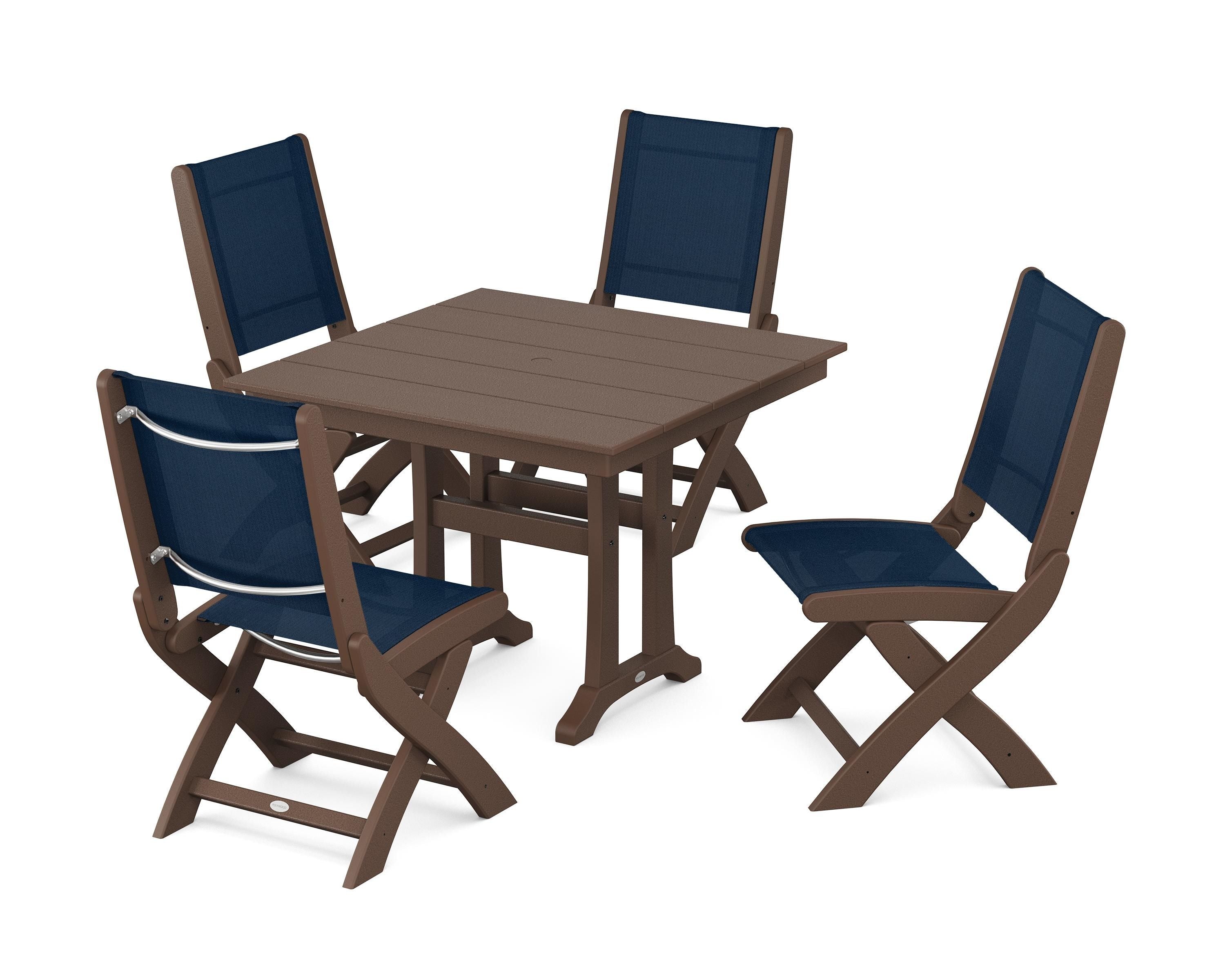 POLYWOOD® Coastal Folding Side Chair 5-Piece Farmhouse Dining Set With Trestle Legs in Mahogany / Navy Blue Sling