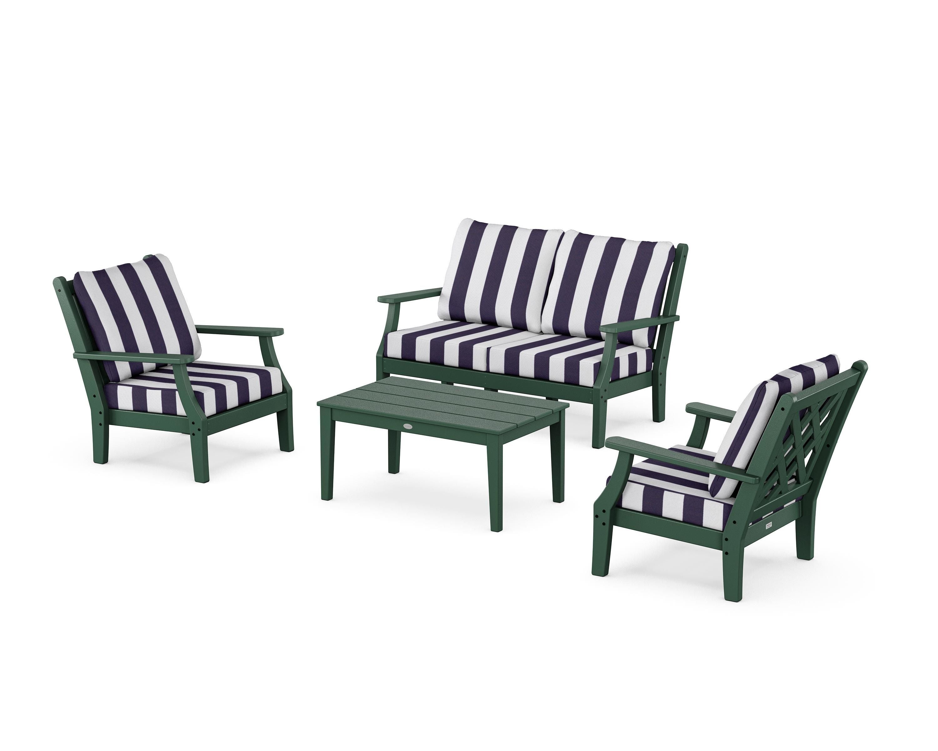 Country Living Wovendale 4-Piece Deep Seating Set with Loveseat in Green / Cabana Stripe Navy