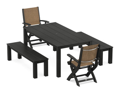 POLYWOOD® Coastal Folding Chair 5-Piece Parsons Dining Set with Benches in Black / Burlap Sling