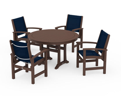 POLYWOOD® Coastal 5-Piece Round Dining Set with Trestle Legs in Mahogany / Navy Blue Sling