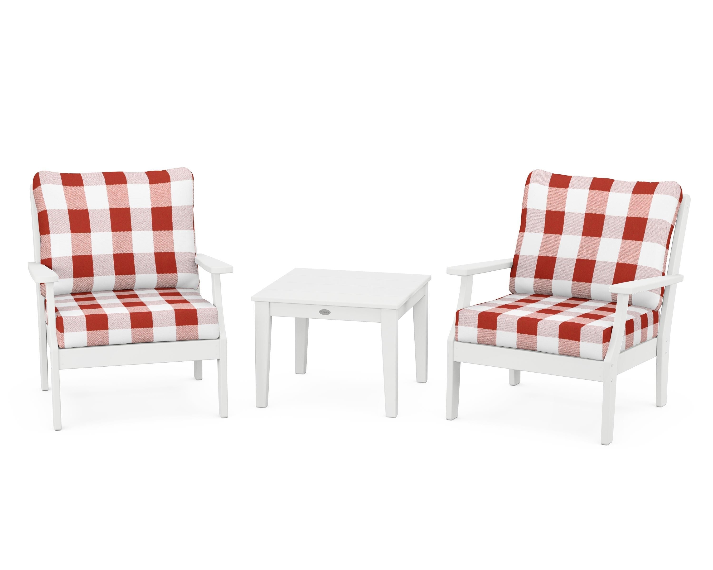 POLYWOOD® Braxton 3-Piece Deep Seating Set in White / Buffalo Plaid Crimson