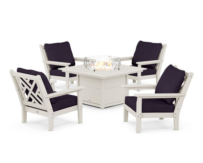 POLYWOOD® Chippendale 5-Piece Deep Seating Set with Fire Pit Table in Sand / Navy Linen