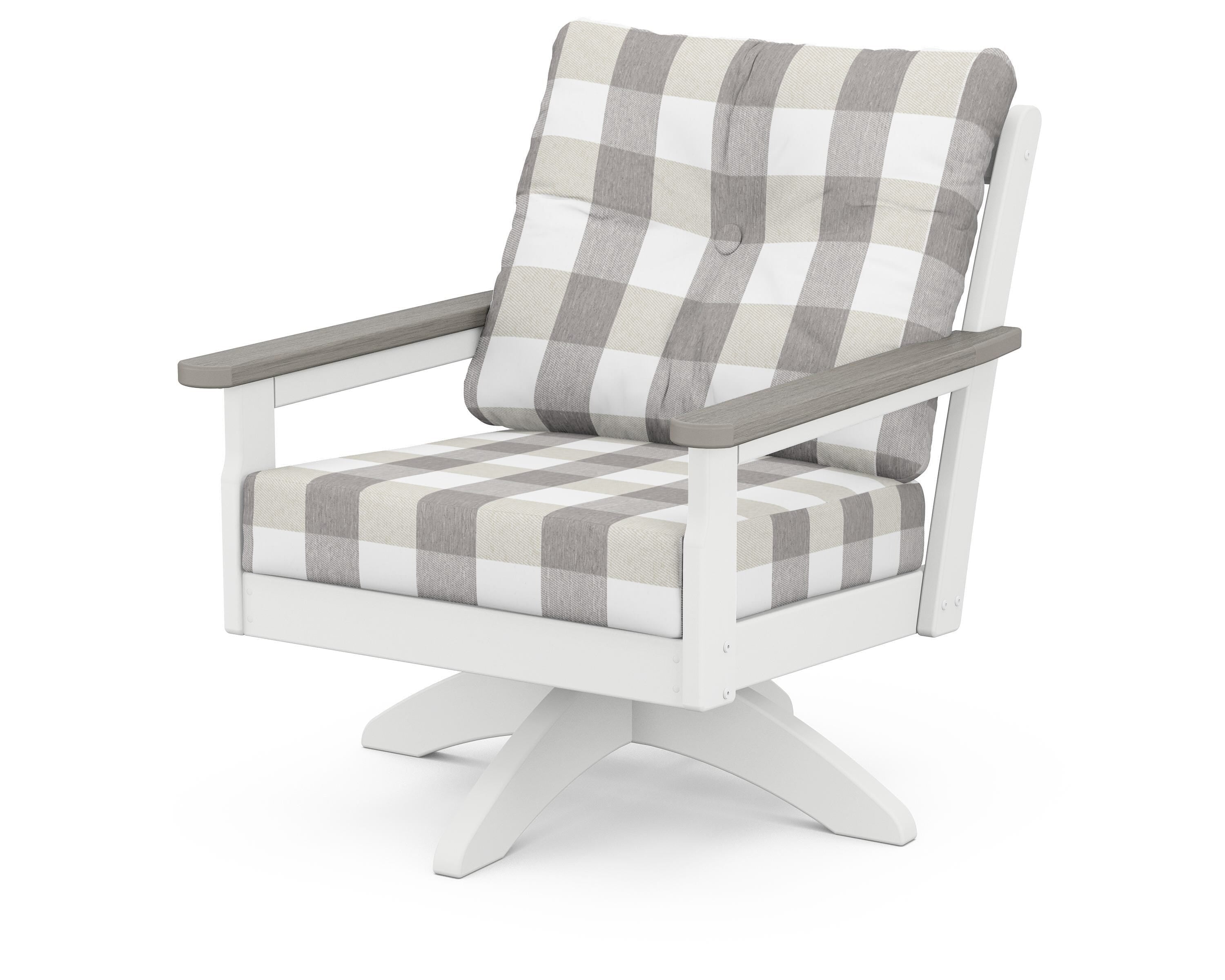 POLYWOOD® Vineyard Deep Seating Swivel Chair in White / Driftwood / Buffalo Plaid Grey Mist