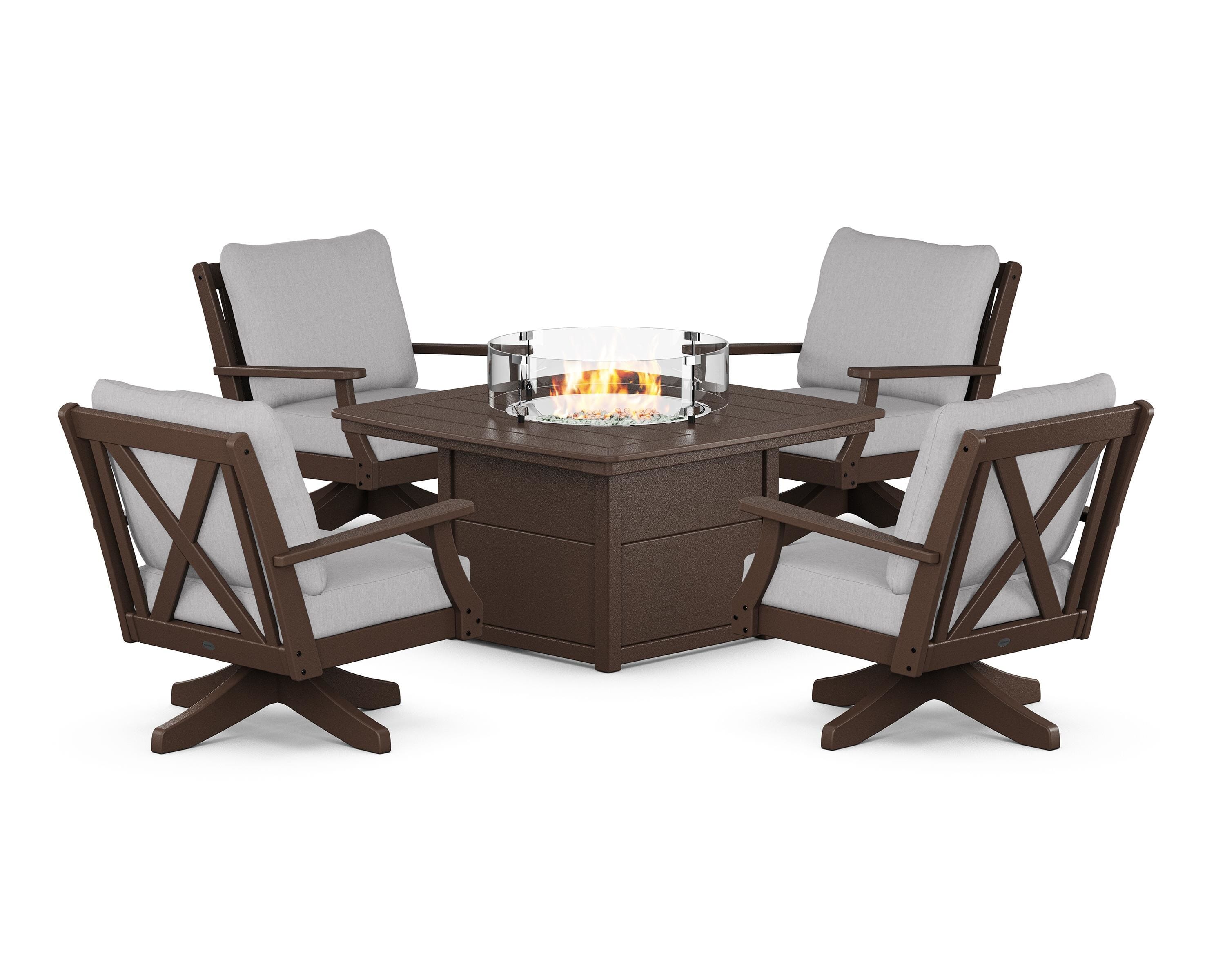 POLYWOOD® Braxton 5-Piece Deep Seating Swivel Conversation Set with Fire Pit Table in Mahogany / Granite