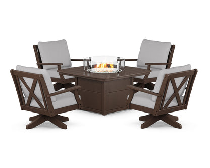 POLYWOOD® Braxton 5-Piece Deep Seating Swivel Conversation Set with Fire Pit Table in Mahogany / Granite