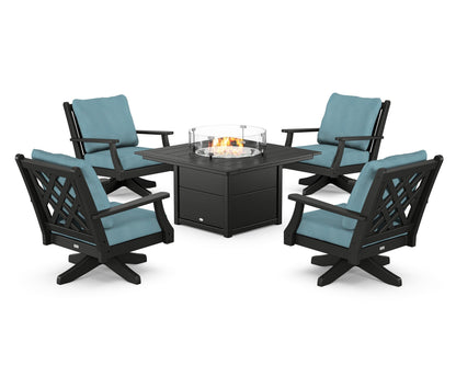 Country Living Wovendale 5-Piece Deep Seating Swivel Conversation Set with Fire Pit Table in Black / Lattice Sky Blue