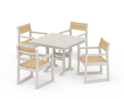 POLYWOOD® EDGE Sling Arm Chair 5-Piece Farmhouse Dining Set in Sand / Dupioni Apricot Sling